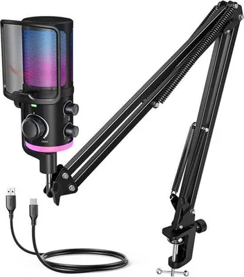 Produktbild von USB-Mikrofon – Kondensatormikrofon mit Rauschunterdrückung – Inklusive Schwanenhalsstativ und Pop-Filter – Für Streaming