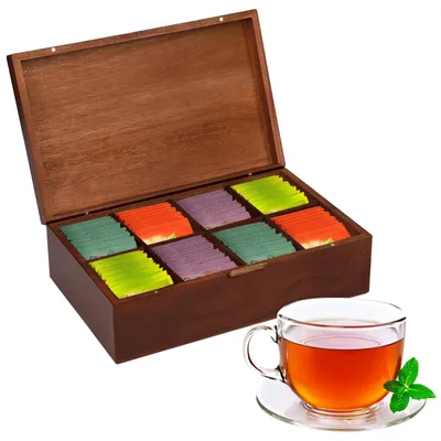 Image de Boîte à thé en bois d'acacia avec 8 compartiments