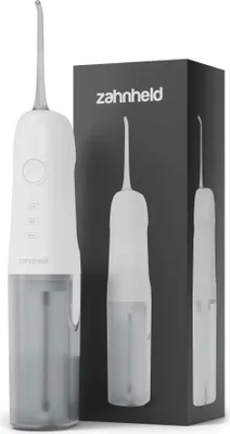 A white electric oral irrigator and its packaging are shown against a white background.
