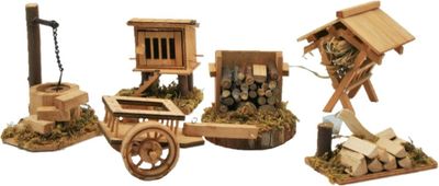 Krippenzubehör 6-teilig Brunnen Holz Wagen Stall