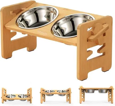 Produktbild von Ohpets® Verstellbarer Hundenapf – Bambus – 2 Edelstahlnäpfe – 40 x 18 x 20 cm