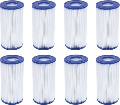 A set of eight identical pool filter cartridges arranged in two rows of four.