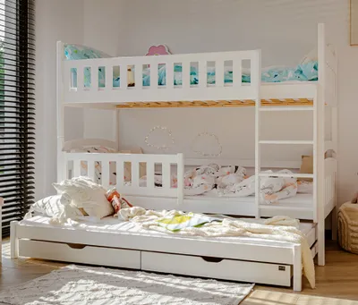 Produktbild von Hochbett 90x200 cm mit Ausziehbett Etagenbett mit Ausziehfunktion, zwei Schubladen, Lattenrost, Rausfallschutz, umbaubar in drei Einzelbetten, Vollholz massiv Kinderbett in weiss 200x90