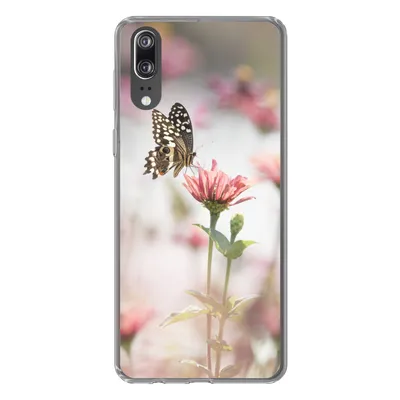 Produktbild von MuchoWow® Handyhülle Schutzhülle Hülle für Huawei P20 Schmetterling - Blume - Rosa Silikon Softcase Handy Hülle - Hardcover