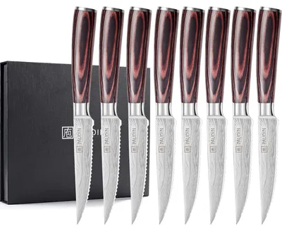 Steakmesser-Set 8-teilig, Wellenschliff, Holzgriff, 12 cm Klinge