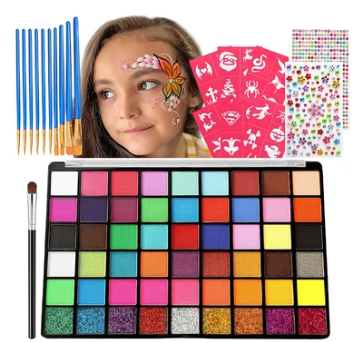 Produktbild von Kinder-Karneval-Schminkset für Körper und Gesicht mit Glitzersteinen 54 Farben