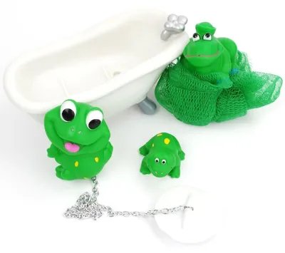 Produktbild von Badefrösche Set mit Badewanne als Seifenablage & Stöpsel Grün Weiß PVC