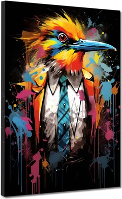 Produktbild von Pop Art Vogel im Anzug Dark Leinwandbild Wandbild Kunstdruck XL Wanddeko: 75x100x4cm