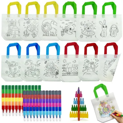 Image de Sacs en tissu à décorer pour enfants, lot de 12, avec 24 crayons de cire (12 couleurs)