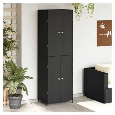 Produktbild von Gartenschrank, Aufbewahrungsschrank für Gartenzubehör 59x40x180 cm aus PE-Rattan mit Stahlrahmen und Akazienholzgriffen für Terrasse und Garten