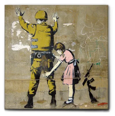 Immagine prodotto di Giallobus - Ragazza perquisisce soldato - Banksy - 50L x 50l cm - Quadro - Tela Canvas Telaio Premium Alto Spessore