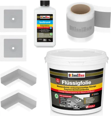 Produktbild von Isolbau Dicht-Set - Inkl. 1x Flüssigfolie (5,5 kg), 1x Grundierlösung (1 L), 1x Dichtband (5 m), 2x Innenecken & 2x Manschetten