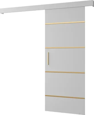 A sliding door with gold accents on a white background.