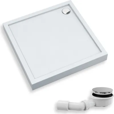 A white square shower tray with a silver drain cover is shown from a slightly elevated angle. A separate drain assembly is visible in the bottom right corner.