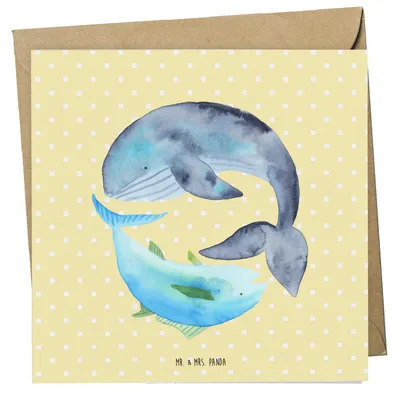 Produktbild von Mr. & Mrs. Panda Deluxe Karte Walfisch Thunfisch - Gelb Pastell - Geschenk, doppelkarte, Klappkarte, Wahl, faltkarte, Witz, Tunfisch, Spruch Lustig, anlasskarte, Wal