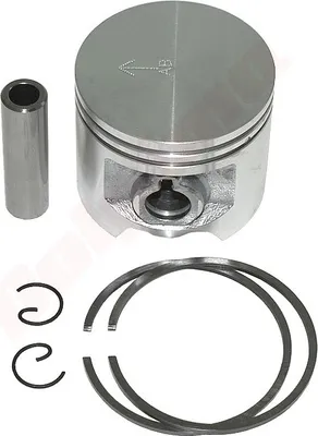 A set of engine parts, including a piston, wrist pin, and piston rings, arranged on a white background.