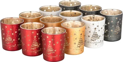 Produktbild von 12er Set Teelichthalter Weihnachten Glas Windlicht Weihnachten Teelichtgläser Teelichtglas Kerzengläser Weihnachtsdeko Teelicht Weihnachts Windlichter Glas Deko