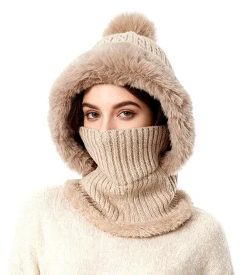 Obrázok produktu pre Sada zimnej čiapky a šály pre dámy, čiapka s pompom, podšívka z fleeču, farba khaki, univerzálna veľkosť