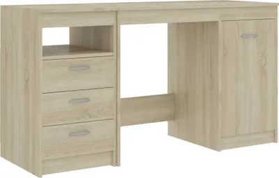 A light brown wooden desk with drawers and a cabinet is shown against a white background.