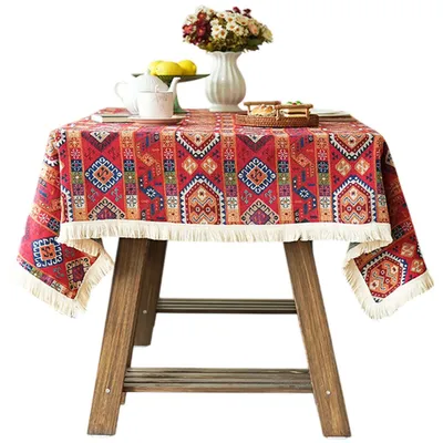 Produktbild von Boho Vintage Tischdecke mit Quaste, Bunte Rechteckige Tischdecke für Küche Esszimmer, 150x150cm