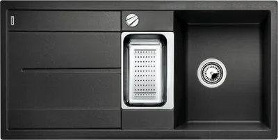 A top-down view of a black kitchen sink with a silver drain and a silver colander insert.