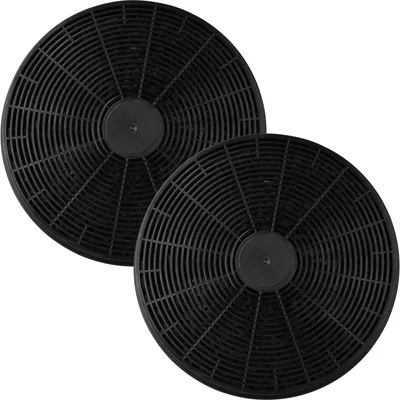 Two black circular carbon filters for a kitchen hood, arranged diagonally.
