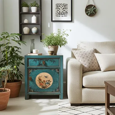 Produktbild von Chinesisches Nacht-Schränkchen asiatischer Nachttisch Kleiner Nacht-Schrank orientalische Schlafzimmer-Kommode Konsole blau-türkis, komplett montiert