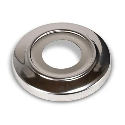 A single, shiny, silver-colored metal rosette with a hole in the center, shown from a slightly elevated angle on a white background.