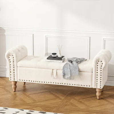 Image de Banc avec rangement, 132 cm, blanc, en velours, avec repose-pieds et accoudoirs