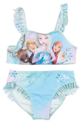 Produktbild von Disney Die Eiskönigin Bikini mit Rüschen für Mädchen - Elsa und Freunde Frozen Kinder Zweiteiler Schwimmanzug Blau 134-140
