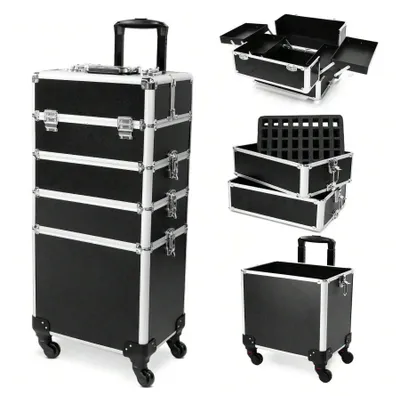 Immagine prodotto di ZMH: beauty case a cinque scomparti, capiente, con rotelle, elegante trolley da viaggio, astuccio per il trucco, portaoggetti, da donna, da viaggio, per casa e vacanze, nero