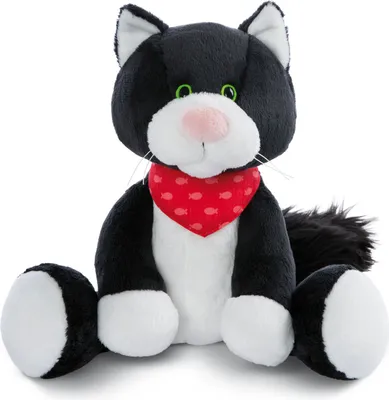 A plush toy cat sitting on a white background.