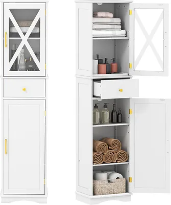 Produktbild von Hohes Badezimmerschrank, schmaler Wäscheschrank mit 2 Türen, 1 Schublade & 3 verstellbaren Regalen, 40x30x168 cm(Weiß)