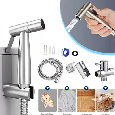 A collage of images showing a bidet sprayer set, its components, and its various uses.