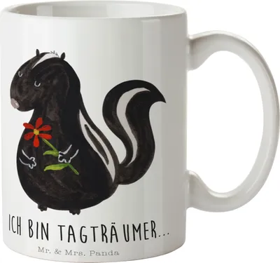 Produktbild von Mr. & Mrs. Panda Tasse Stinktier Blume - Weiß - Geschenk, Henkelbecher, Kaffeetasse, Wildtier, Verträumt, Becher, Skunk, Teetasse, Trinkbecher, Dreams, Tagträumer