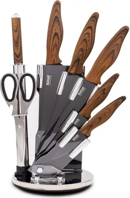 Produktbild von NAVA Küchenmesser Stahlmesser SCHWARZ BRAUNER GRIFF 7er Set mit Ständer