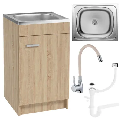 Obrázok produktu pre Stamar | Kuchynská skrinka, s drezom, dub Sonoma, 50 cm, Slim, s batériou a sifónom, click clack