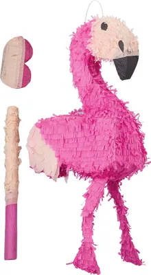 Produktbild von Relaxdays Pinata Flamingo, mit Stab & Maske, Partypinata Kinder, Geburtstag, zum Befüllen, HxBxT: 80 x 40 x 14 cm, pink