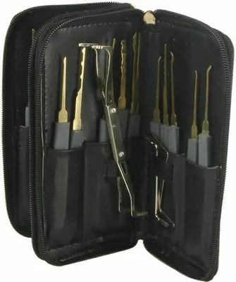 A black leather case containing a set of lock picking tools.