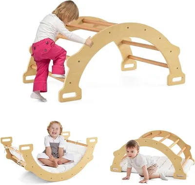Productafbeelding van Klimboog met kussen, houten klimdriehoek voor binnen, klimrek met schommel en klimmogelijkheden, houten klimboog en schommel voor kinderen vanaf 3 jaar (natuurlijk design)