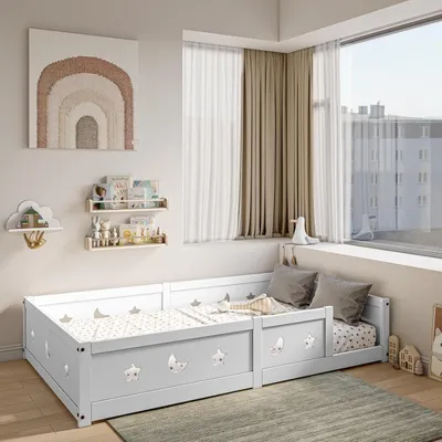 Obrázok produktu pre Detská postel s bočnicami – podlahová posteľ v štýle Montessori – bezpečný spánok – masívne smrekové drevo – 120 x 200 cm – biela