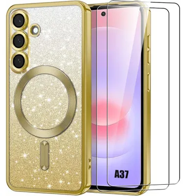 Image de Coque + 2 Verres Trempés pour Samsung Galaxy A37 5G, Protection Paillette Cercle Magnétique - Doré