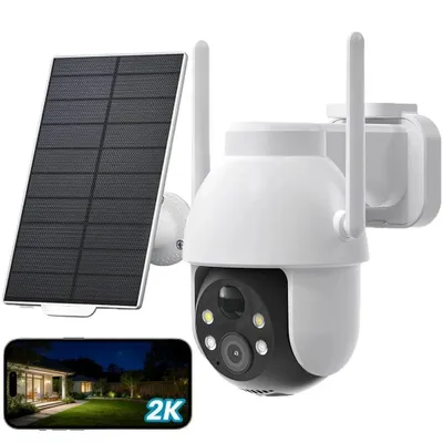Image de Caméra de surveillance solaire 2K d'extérieur à batterie, avec surveillance à 360°, suivi automatique des personnes, portée de 15 m, vision nocturne couleur, alarme lumineuse et sonore