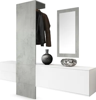 Produktbild von Vladon Garderobe Wandgarderobe Carlton Set 1,  Germany, Korpus in Weiß matt / Paneel und Spiegel in Beton Oxid Optik