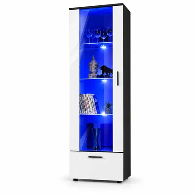 Produktbild von Komodee, Vitrine Schrank Alessandria, Schwarz/Weiß, Breite 60cm x Höhe 192cm x Tiefe 42cm, 3 Glasböden, 1 Regal aus laminierter Platte, für Wohnzimmer, Schlafzimmer, LED Blau