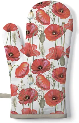 Produktbild von Ofenhandschuh Baumwolle 18x30cm mit roten Mohnblumen Weiß / Rot