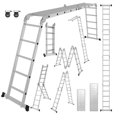 Obrázok produktu pre Eikuavons 7v1 univerzálna rebrina, 4x5 schodíkov, vyrobená z hliníka, výška cca 580 cm / 5,8 m, multifunkčná skladacia rebrina s 2 platformami a 2 kolieskami, maximálna nosnosť 150 kg