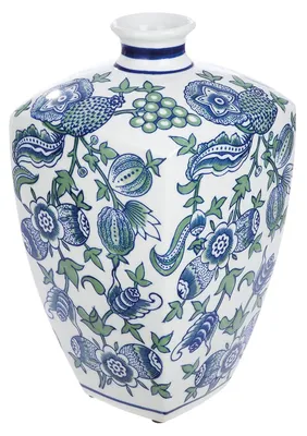 Obrázok produktu pre GILDE Váza, "Fayencen", kvetinový vzor, keramika, modrá, biela, , v. 31 cm, hl. 17,5 cm 34857