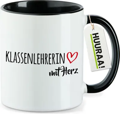 Produktbild von Huuraa Kaffeetasse Klassenlehrerin mit Herz 330ml Schwarz Keramik Kaffeebecher Geschenkidee