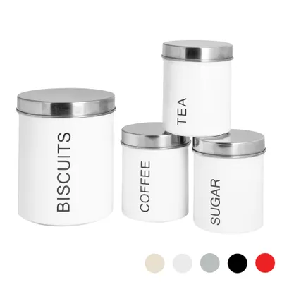 Produktbild von Harbour Housewares 4 Stück Moderne Küche Lagerung Kanister Set - Stahl Tee Kaffee Zucker Caddy mit Gummidichtung - Weiß